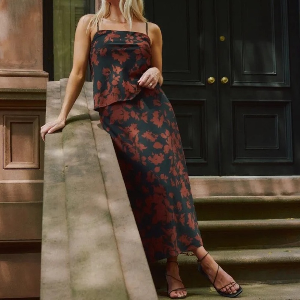 Abercrombie & Fitch Matte Satin Squareneck Cami Top and MIDI Skirt Set